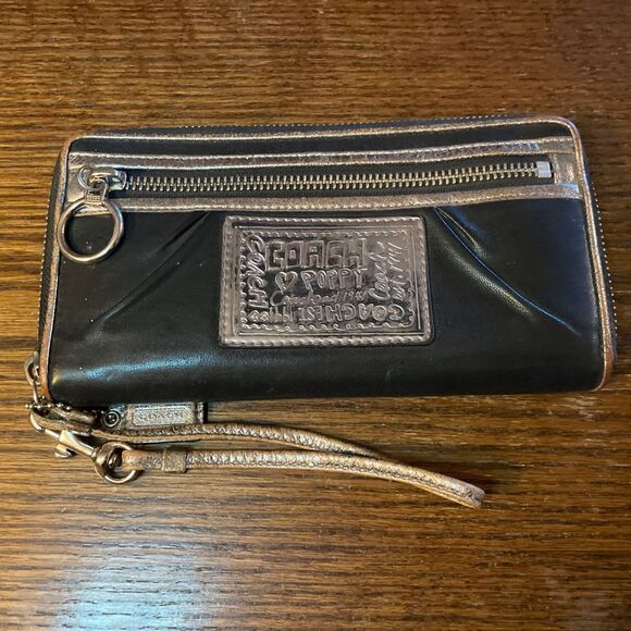 Coach Poppy Wallet Womens Black Silver Zip Around Clutch Purse Leopard Lining - Picture 1 of 12